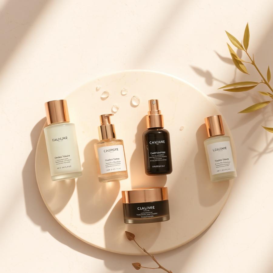 Luxury skincare products arranged on a cream stone surface