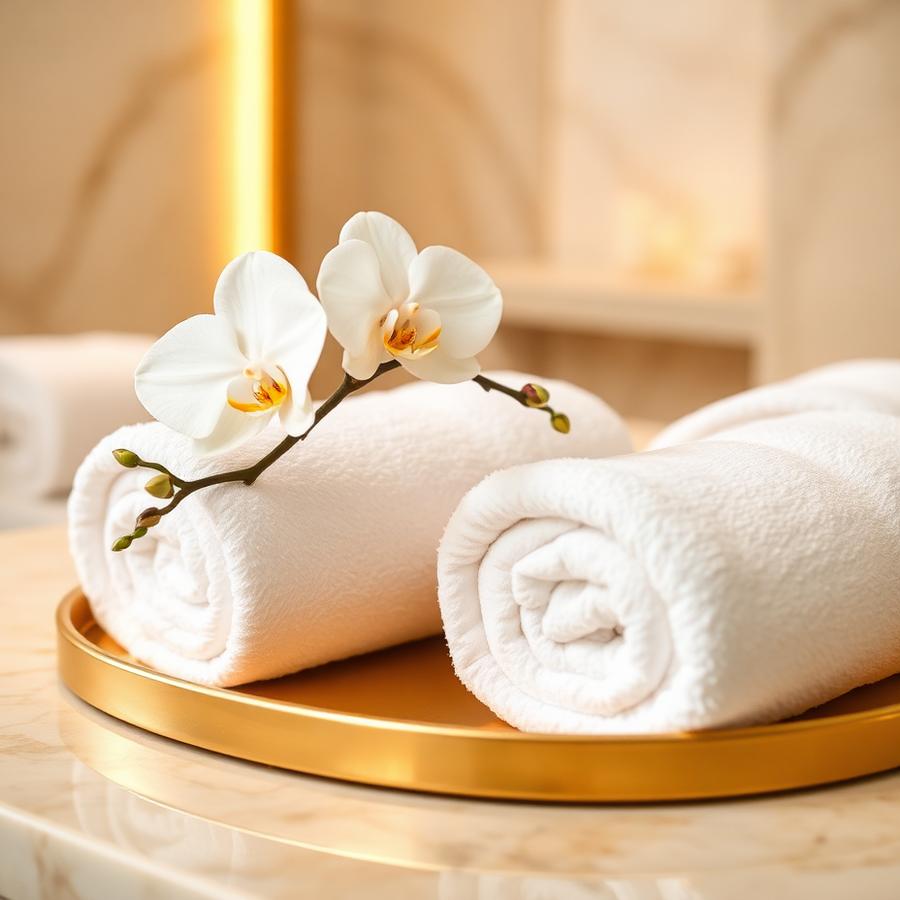 White towels and orchid on a gold tray in the treatment suite