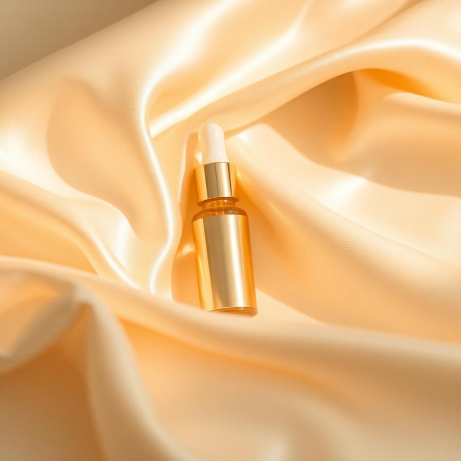 Gold serum bottle resting on cream silk
